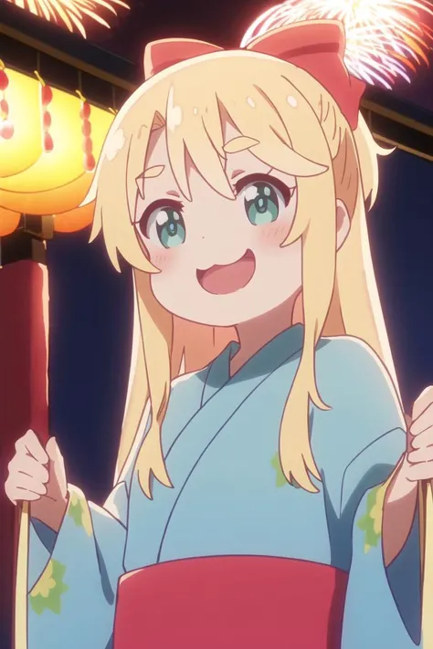 himesaka noa, blonde hair, long hair, bow,  :3, open mouth, hair bow, green eyes, red bow, smile, sash, blush, yukata, upper body, thick eyebrows, ahoge, obi, :d, blue kimono,summer festival,fireworks,, masterpiece, best quality,1girl,solo