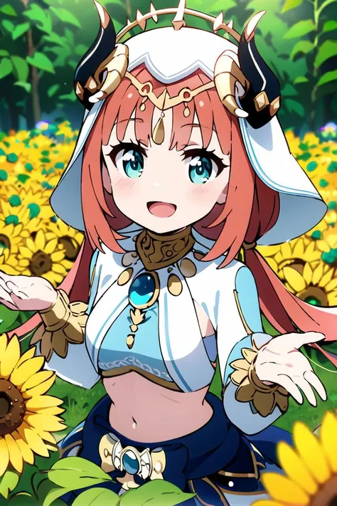 anime screencap, upper body, solo focus,
looking at viewer, :d, open mouth, smile 
beautiful, elegant,
<lora:nilouGenshinImpact_v10:1> nilou (neither flower nor mist) (genshin impact), aqua eyes, fake horns, red hair, long hair, crop top, jewelry, horns, v...