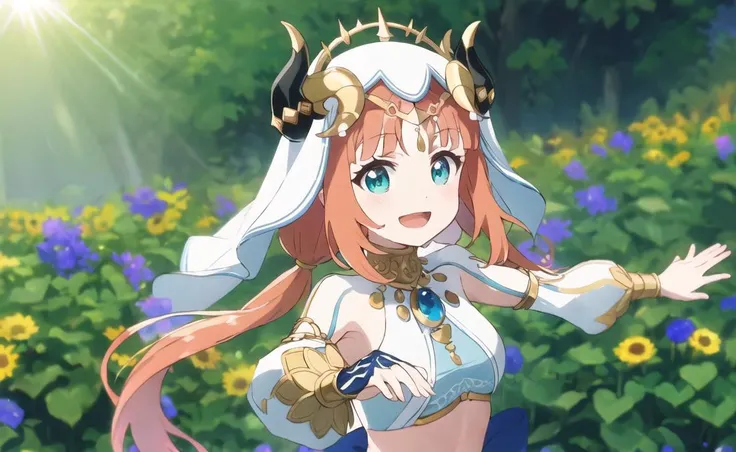 anime screencap, upper body, solo focus,
looking at viewer, :d, open mouth, smile 
beautiful, elegant,
<lora:nilouGenshinImpact_v10:1> nilou (neither flower nor mist) (genshin impact), aqua eyes, fake horns, red hair, long hair, crop top, jewelry, horns, v...