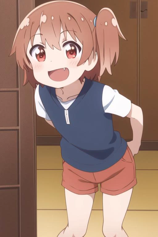 hoshino hinata, solo, brown hair, red eyes, one side up, side ponytail, short hair, child,smile, open mouth,skin fang, shorts,doyagao, indoors,, masterpiece, best quality,1girl,solo