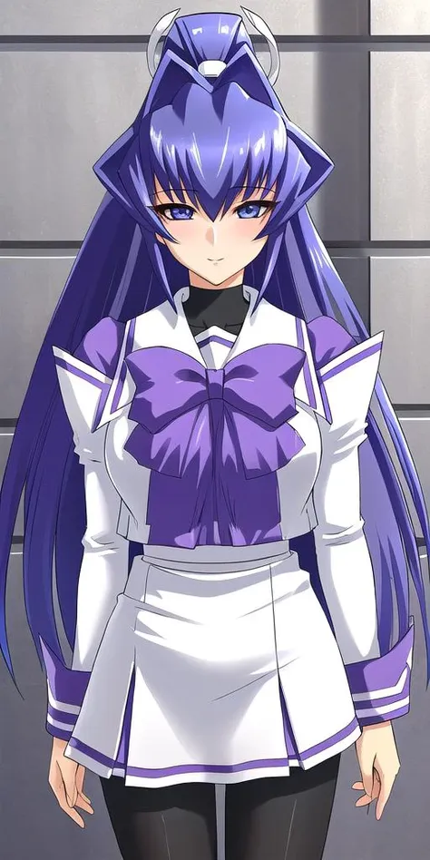 anime girl with long purple hair and white shirt and black pants