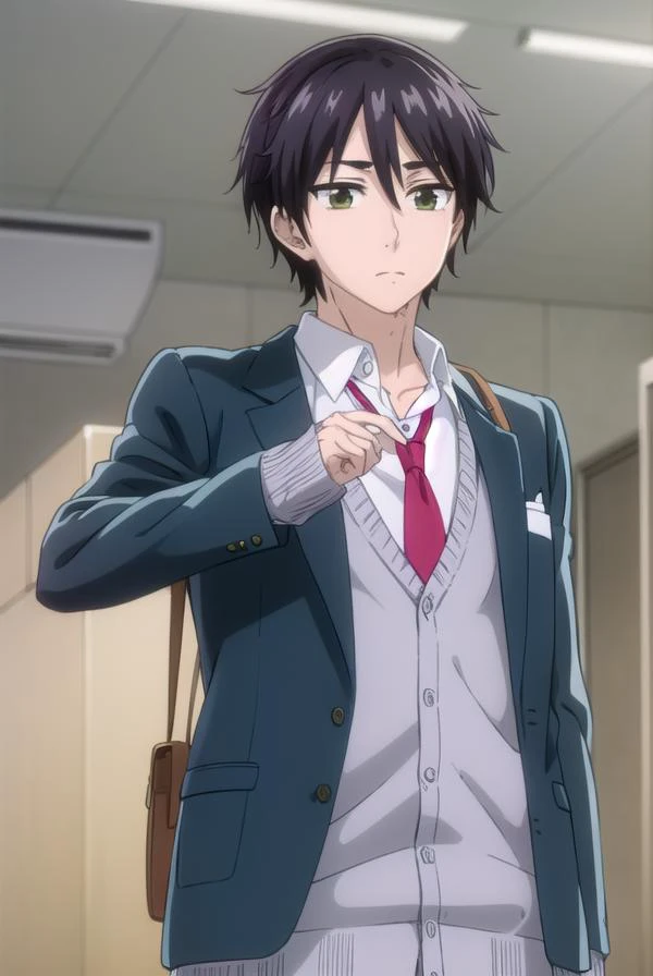 kaitamaru, <lora:kai tamaru s1-lora-nochekaiser:1>,
kai tamaru, short hair, black hair, male focus, mole, (green eyes:1.3), mole under mouth, hair between eyes,
BREAK shirt, long sleeves, school uniform, jacket, white shirt, open clothes, necktie, pants, o...