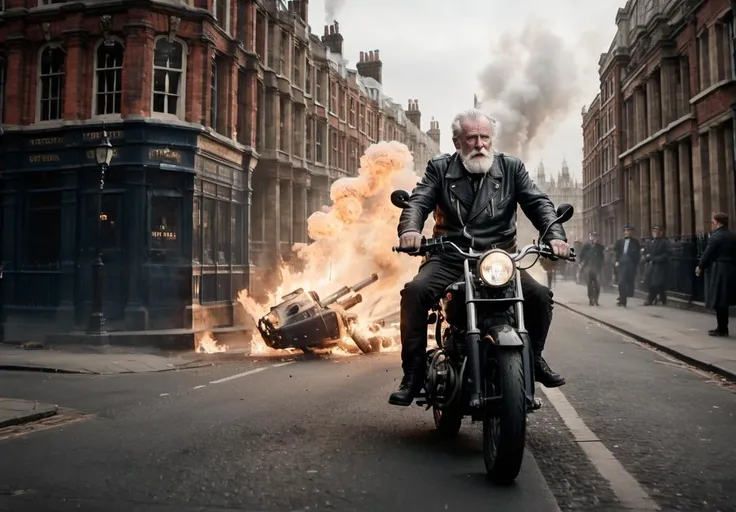 Key visual, Old man on a motorcycle in London, fire, explosion, Victorian, Empire, sharp focus, dynamic pose, dynamic background, dynamic composition, dynamic lighting, realistic proportions, <lora:Empire_SDXL_OnSite:1>, <lora:add-detail-xl:1>