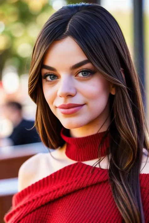 soniaammar piercing eyes, looking straight,happy,long hair, wearing an off-shoulder sweater, choker, closeup portrait, in a outdoor cafe in 2015, afternoon light