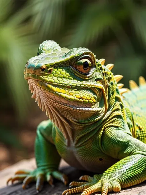 there is a green lizard sitting on a rock in the sun