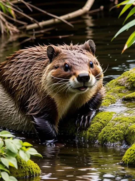 there is a beaver that is standing in the water