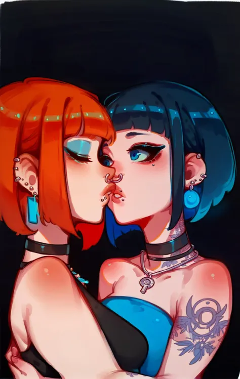 score_9,score_8_up,score_7_up,score_6_up,score_5_up,score_4_up rating_safe, short hair,bangs,blue eyes,multiple girls,simple background,black hair,2girls,bare shoulders,jewelry,blue hair,closed eyes,upper body,red hair,earrings,parted lips,choker,blunt ban...