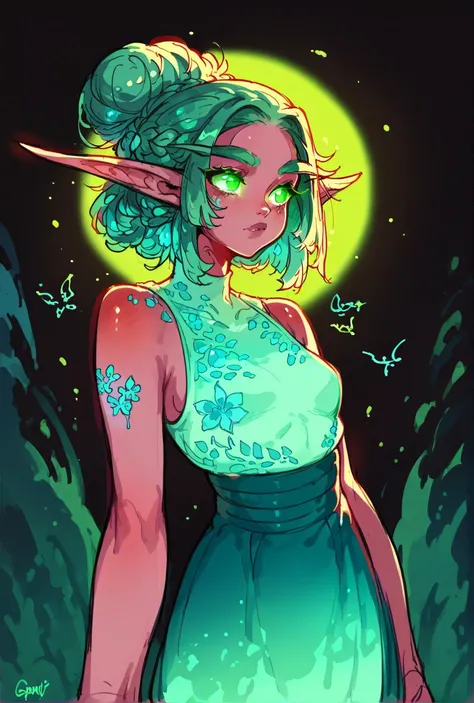 score_9,score_8_up,score_7_up,score_6_up,score_5_up,score_4_up rating_safe, green eyes, aquamarine hair, night elf,glowing eyes, summer dress, hair bun, <lora:Syvaron:0.6>, <lora:Lunas-GreenuCorm-SDXL-A1:0.8>,neon, colored outlines, glow, rimlight, black b...