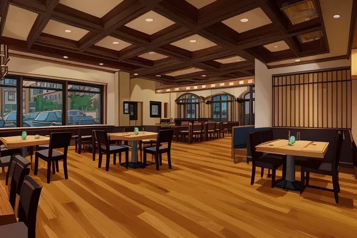 anime, fancy restaurant interior, wood floors, fine dining, window overlooking the street, masterpiece, 8k uhd