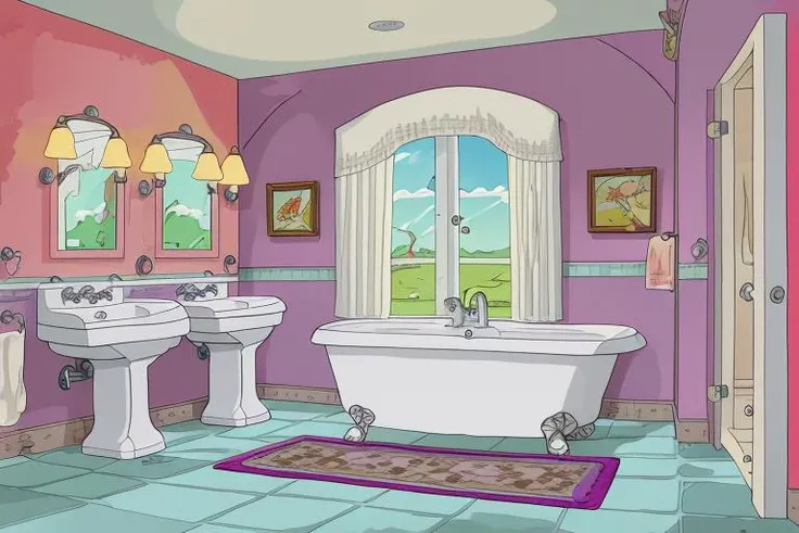 cartoon bathroom, claw foot tub, toilet, rug, masterpiece, 8k uhd