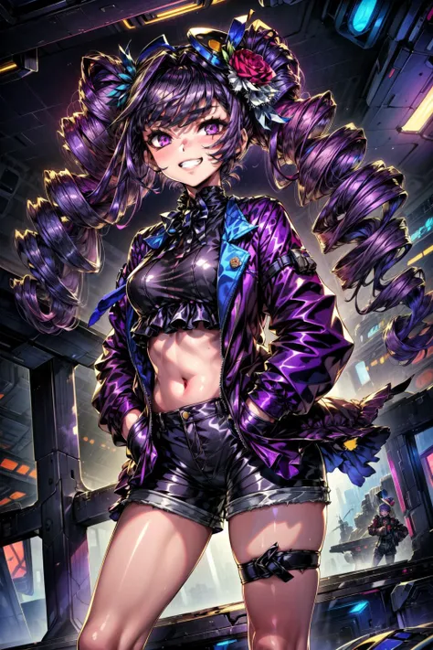 masterpiece,best quality,1girl,suzette_anothereden,purple hair,twin drills,very long hair,purple eyes,hair ornament,hair flower,(mini hat),purple jacket,open jacket,crop top,denim shorts,hands in pockets,rose,grin,standing,dutch angle,((science fiction,fut...