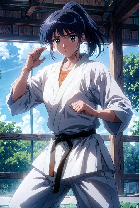 , best quality, masterpiece, suoumikoto, dougi, solo, 1girl, fighting stance, ponytail, black hair, black belt <lora:suoumikoto:1>, cowboy shot,