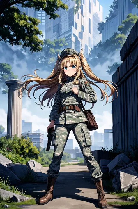 (masterpiece, best quality, detailed), 1girl, solo, futabalily, two side up, flat chest, dark skin, hair ribbon,
military uniform, military, soldier, metal, military hat, green jacket, belt, green pants, camouflage, ruins, overgrown, rubble, pillar, outdoo...