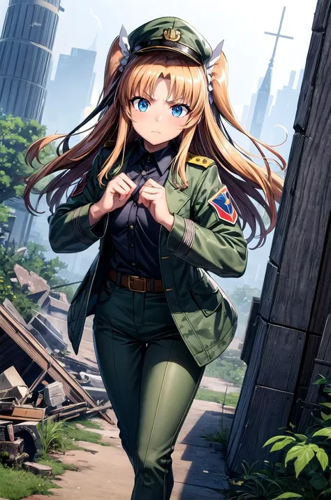 (masterpiece, best quality, detailed), 1girl, solo, futabalily, two side up, flat chest, dark skin, hair ribbon,
military uniform, military, soldier, metal, military hat, green jacket, belt, green pants, camouflage, ruins, overgrown, rubble, pillar, outdoo...