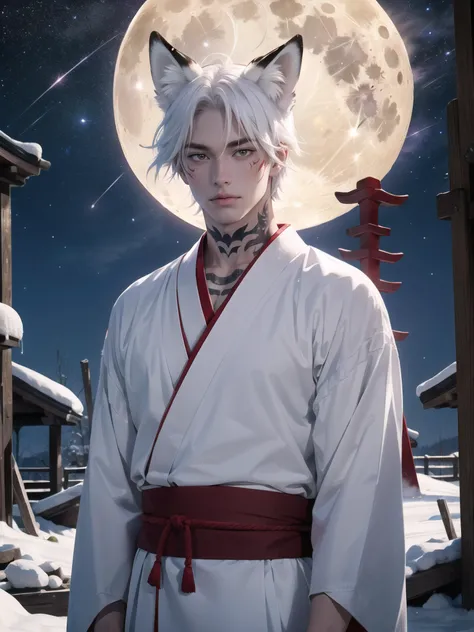 masterpiece,best quality,1boy,full_moon,),japanese_clothes,sad,snow,white fox ears,fox boy,red eyes,white hair,pale_skin,rubble_ruins,noble,red and white kemono,upper body,stars,night sky,neck white tattoo,scars,