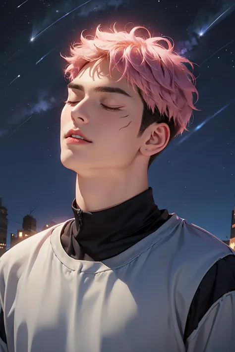 a close up of a person with pink hair and a city skyline