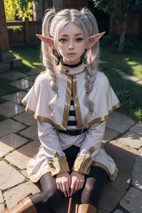 a woman with blonde hair and green eyes sitting on a brick walkway