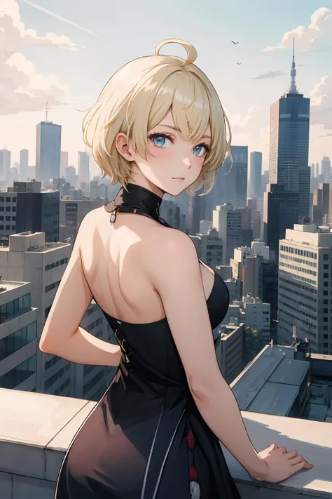 masterpiece, best quality, 1girl, solo, facing viewer,<lora:EPfeMerrin-07:0.7> EPfeMerrin, blonde hair, blue eyes, short hair, ahoge, asymmetrical, rooftop, tokyo (city), building, skyscraper, evening, arms behind back, unicorn, relaxed