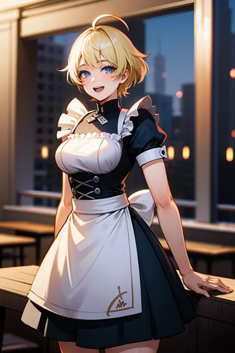 masterpiece, best quality, 1girl, solo, facing viewer,<lora:EPfeMerrin-07:0.7> EPfeMerrin, blonde hair, blue eyes, short hair, ahoge, diagonal lines, restaurant, night, arm support, maid, fender flares, :D