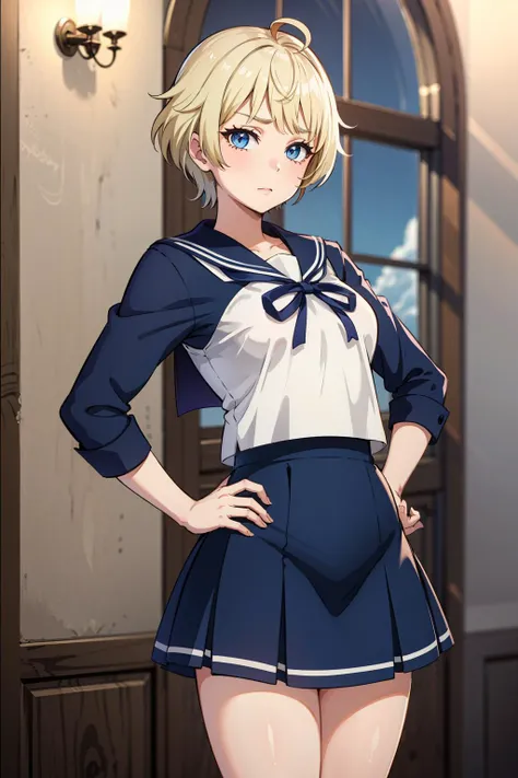 masterpiece, best quality, 1girl, solo, facing viewer,<lora:EPfeMerrin-07:0.7> EPfeMerrin, blonde hair, blue eyes, short hair, ahoge, framed, niagara falls, day, pray hand on hip, gray sailor collar, neck ribbon, checked skirt, drawers, feather hair orname...