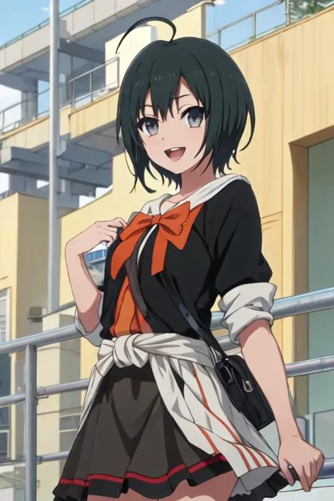 best quality, masterpiece, highres, solo, {todo_misa_shirobako:1.15}, black_hair, short_hair, ahoge, black_eyes, grey_eyes, 1girl, :d, open_mouth, smile