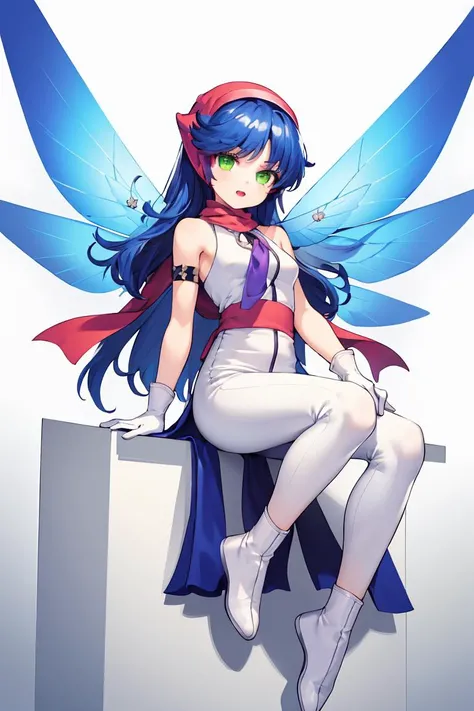 (masterpiece, best quality), 1girl,  <lora:zs_PixieDS:1> pixieds, blue hair, wings, gloves, green eyes, fairy, long hair, scarf, dress, white pants, white footwear