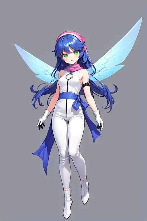 (masterpiece, best quality), 1girl,  <lora:zs_PixieDS:1> pixieds, blue hair, wings, gloves, green eyes, fairy, long hair, scarf, dress, white pants, white footwear