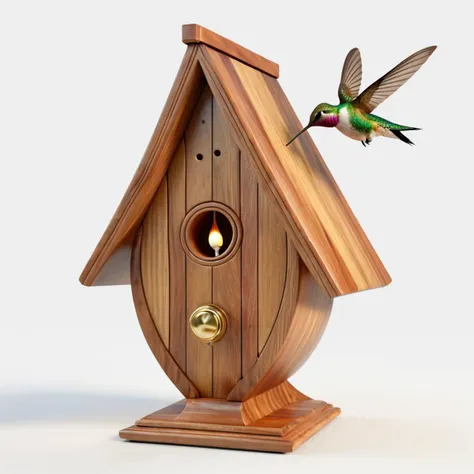 bird house,hummingbird,wooden,droplet shape,individual object,a computer rendering,white_background,octane render,morphyrichards...