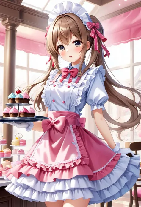 kawaii, cute, lolitafashion, long hair, multilayered waitress dress, apron with bows, chest bow, giant waist bow, huge hair bow, gloves, lace, frills, bows, glossy lips, cute makeup, serving tray with sweets