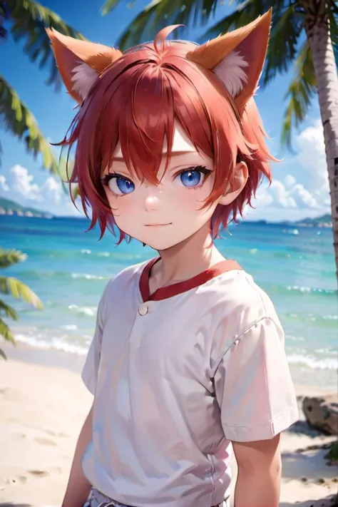 <lora:aki_sdxl_v10:0.6>,1boy, aki, crimson hair, animal ears, masterpiece, ultra detail, beach, blue eyes