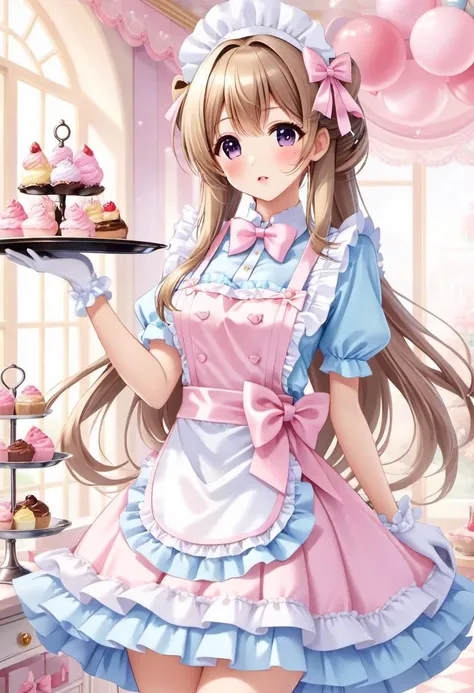 kawaii, cute, lolitafashion, long hair, pastel multilayered waitress dress, apron with bows, chest bow, giant waist bow, huge hair bow, gloves, lace, frills, bows, symmetric face, perfect face, glossy lips, cute makeup, serving tray with sweets