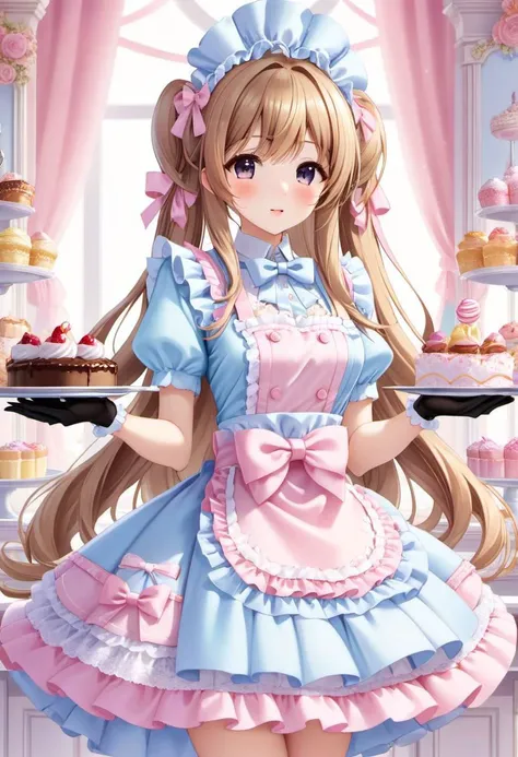 kawaii, cute, lolitafashion, long hair, pastel multilayered waitress dress, apron with bows, chest bow, giant waist bow, huge hair bow, gloves, lace, frills, bows, symmetric face, perfect face, glossy lips, cute makeup, serving tray with sweets