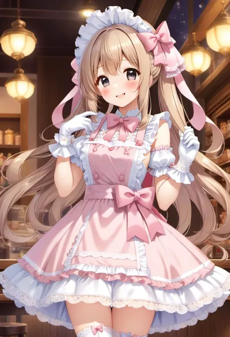 (kawaii, cute, lolitafashion:1), (full body, cute girl, long hair:1.1), (multilayered idol cafe dress, apron covered in bows, chest bow, giant waist bow, huge hair bow, lace gloves:1.3), (shiny glossy clothing), soft lighting, (lace, frills and bows:1.1), ...