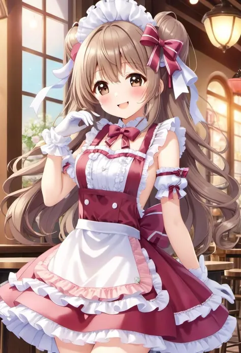 (kawaii, cute, lolitafashion:1), (full body, cute girl, long hair:1.1), (multilayered idol cafe dress, apron covered in bows, chest bow, giant waist bow, huge hair bow, lace gloves:1.3), (shiny glossy clothing), soft lighting, (lace, frills and bows:1.1), ...