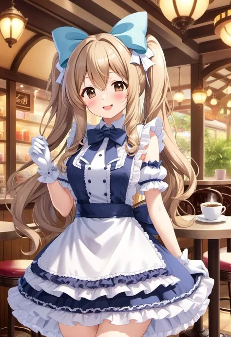 kawaii, cute, lolitafashion, long hair, (multilayered idol cafe dress, apron with bows, chest bow, giant waist bow, huge hair bow, gloves), (lace, frills, bows), (glossy lips, cute makeup:1.2), (smile with closed eyes, curtsy:1.4), (cosplay cafe, tables an...