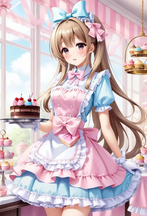 kawaii, cute, lolitafashion, long hair, pastel multilayered waitress dress, apron with bows, chest bow, giant waist bow, huge hair bow, gloves, lace, frills, bows, glossy lips, cute makeup, serving tray with sweets