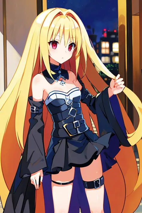 <lora:Harada_Takehito_Style_Dim32:0.8>, ((masterpiece,best quality)), absurdres, (finely detailed beautiful eyes: 1.2), phyami, yaminor, 1girl, solo, blonde hair, long hair,  red eyes, thigh strap, very long hair, detached sleeves, black dress,  <lora:yami...