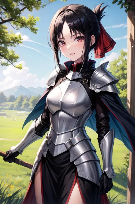 (masterpiece, best quality, detailed), 1girl, solo, shinomiya_kaguya, parted bangs, ribbon, red ribbon, hair ribbon, sidelocks, folded ponytail,  short hair, outdoors, garden, grass, sunlight, day, blue sky, cowboy shot, smirk, parted lips,
armor, breastpl...