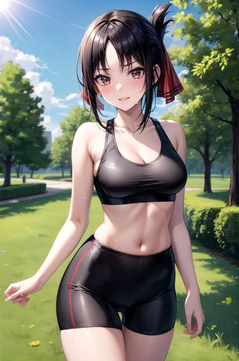 (masterpiece, best quality, detailed), 1girl, solo, shinomiya_kaguya, parted bangs, ribbon, red ribbon, hair ribbon, sidelocks, folded ponytail,  short hair, outdoors, garden, grass, sunlight, day, blue sky, cowboy shot, smirk, parted lips,
sportswear, spo...