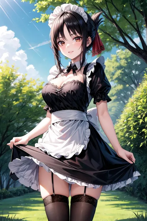 (masterpiece, best quality, detailed), 1girl, solo, shinomiya_kaguya, parted bangs, ribbon, red ribbon, hair ribbon, sidelocks, folded ponytail,  short hair, outdoors, garden, grass, sunlight, day, blue sky, cowboy shot, smirk, parted lips,
maid, maid head...