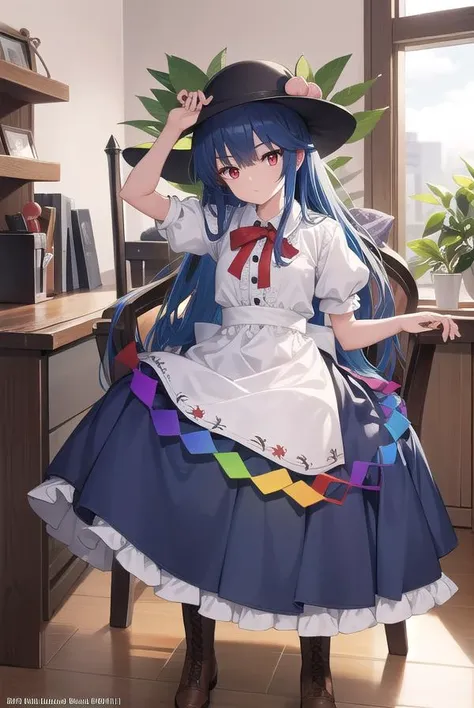 tenshihinanawi, <lyco:tenshihinanawi-lyco-nochekaiser:1>,
tenshi hinanawi, long hair, bangs, (red eyes:1.5), blue hair,
BREAK skirt, shirt, hat, bow, white shirt, short sleeves, boots, frills, food, puffy sleeves, bowtie, apron, puffy short sleeves, blue s...