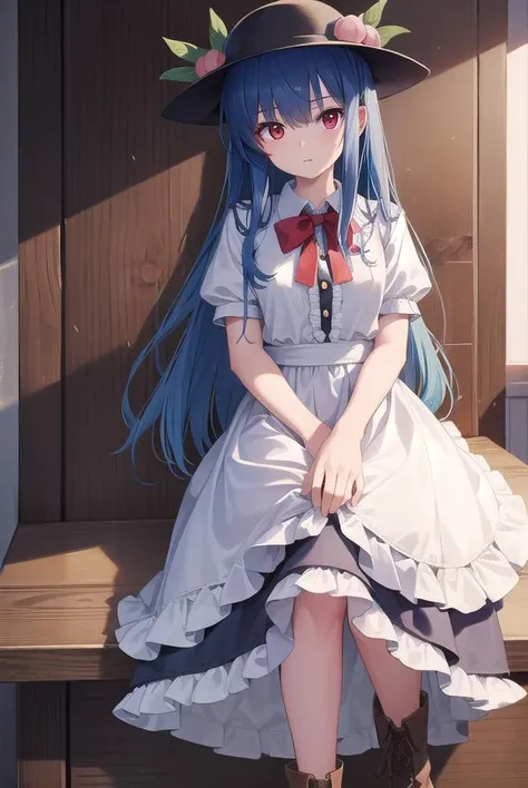 tenshihinanawi, <lyco:tenshihinanawi-lyco-nochekaiser:1>,
tenshi hinanawi, long hair, bangs, (red eyes:1.5), blue hair,
BREAK skirt, shirt, hat, bow, white shirt, short sleeves, boots, frills, food, puffy sleeves, bowtie, apron, puffy short sleeves, blue s...