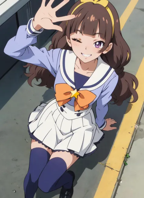 anime girl sitting on the ground with her hands up