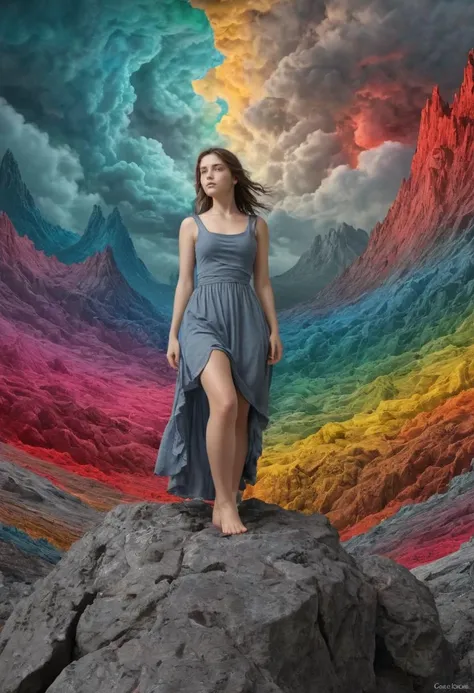 19 years old young woman, abstract landscape, energizing, colorful, artistic expression, nostalgic, monumental,  aesthetic, very inspirational, arthouse, detailed, colorized photograph, artstation, cgsociety, by Gustave Dore, octane render