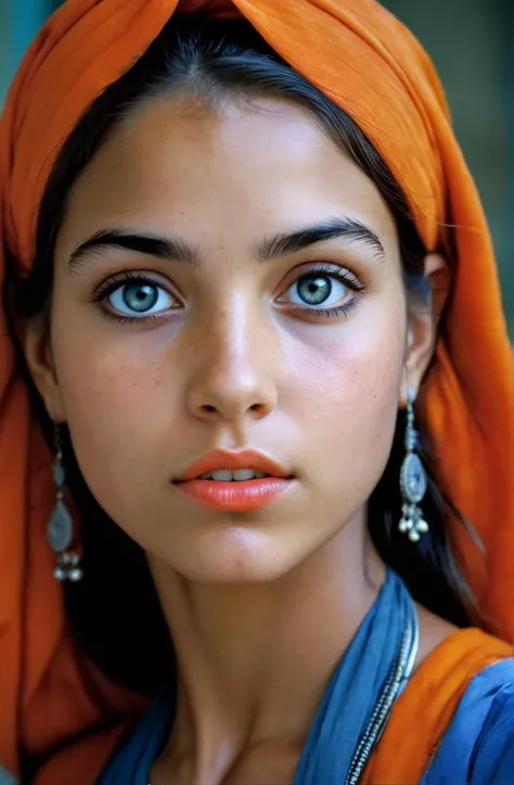 stunning portrait of a studly 19 years old young woman, by Steve McCurry, sexy, sylphlike, prettyish, French Blue, Nickel Gray, Bright Orange,