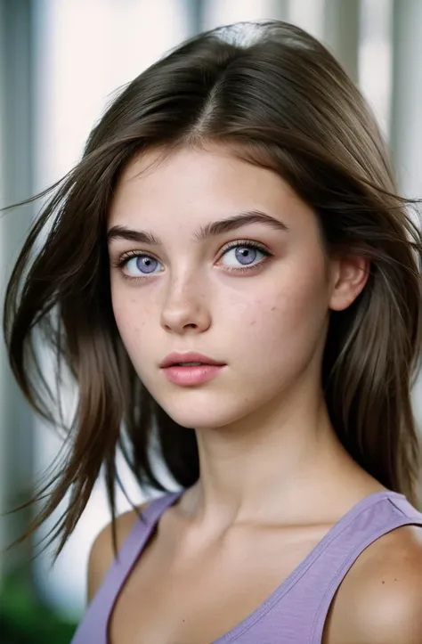 a close up of a young woman with a purple top