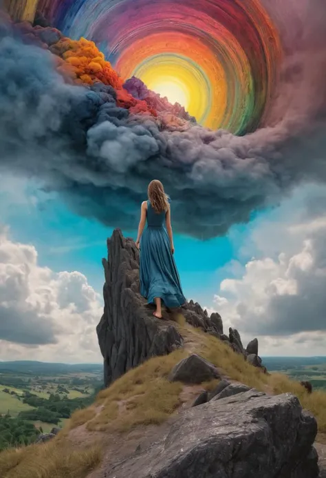 a woman standing on a rock looking at a rainbow cloud