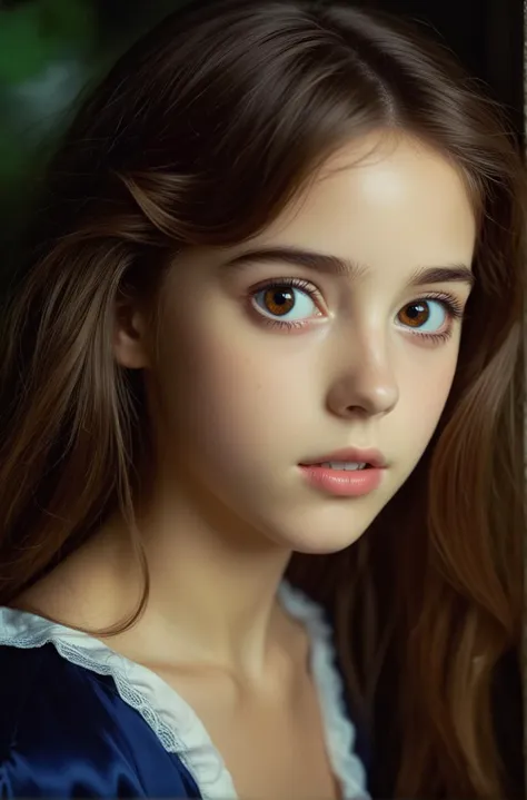 a close up of a young girl with long hair and blue dress