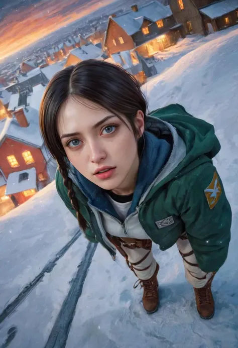 photograph of colorful cute 20 years old young woman, Russian, Attack on Titan, magnificent, dream guy, drop-dead, Detailed, sorry, day, winter, high angle,  beautiful, stars, 4k, 8k, artstation, concept art, highly detailed, oil painting, by John Ward, by...