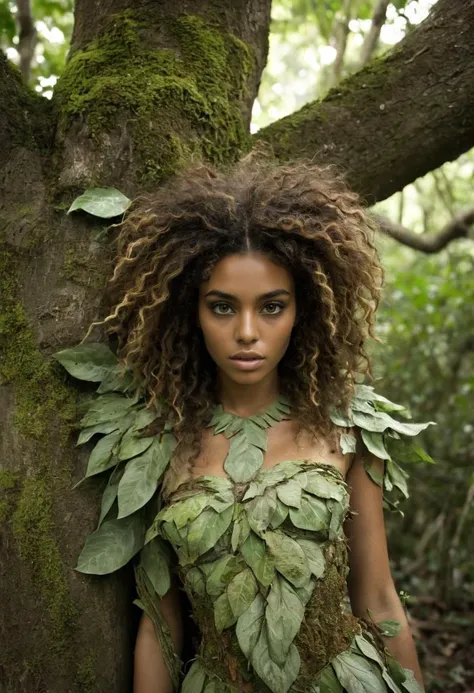 dark nightmare of a 21 years old Cape Verdean young woman, dryad, female nature spirit, bark like woody skin texture, leafy viney hair and attire, serene or ethereal expression, green earthy coloration, nature infused eyes, associated trees, embodiment of ...